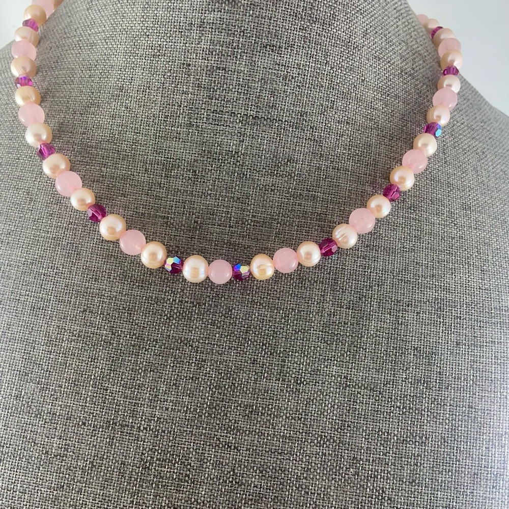 Elegant Rose Quartz, Pearl and Fuchia Crystal Necklace